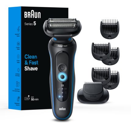Braun Electric Shaver for Men, Series 5 5150cs, Wet & Dry Shave, Turbo Shaving Mode, Foil Shaver, with Beard Trimmer, Body Groomer and Charging Stand, Blue